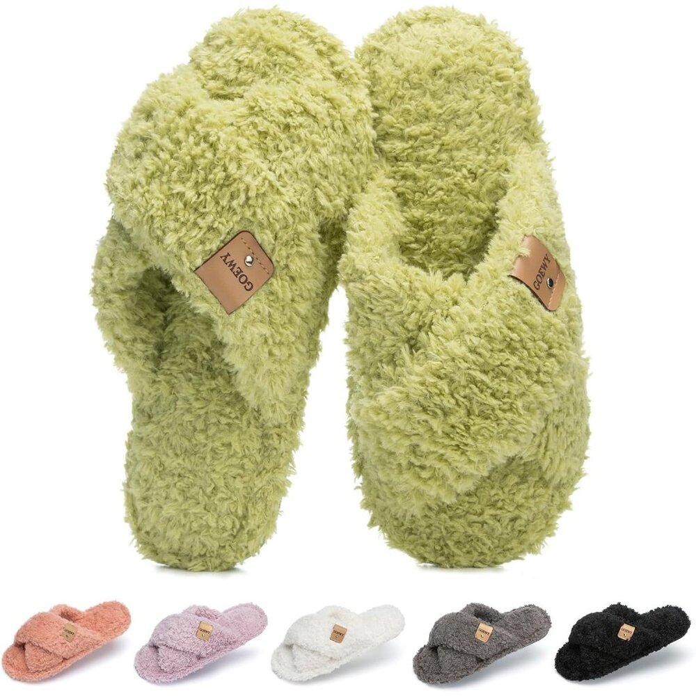 ⚡Women’s Grass Green Faux Fur Cozy Fuzzy Cross Band Slippers House Shoes
